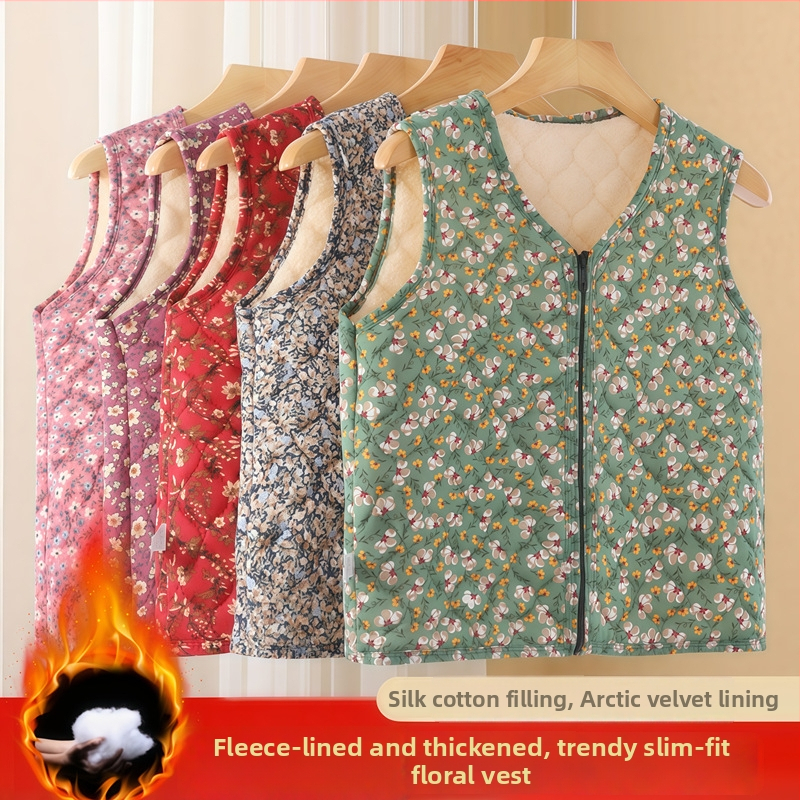 Moteriška fliso pamušalo liemenė su gėlių raštu, kasdienio japonų/korejiečių stiliaus, poliesterio 50–70% mišinys