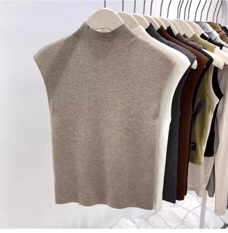 RUANDAI Vestă tricotată fără mâneci pentru femei, cu guler semi‑înalt, croială Slim, chenille țesătură, amestec poliester-elastan