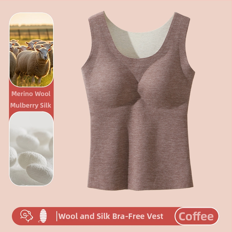 Naiste villane soe vest sisseehitatud rinnapadiga, õmblusteta, sametise fleece vooder, ümmargune kaelus