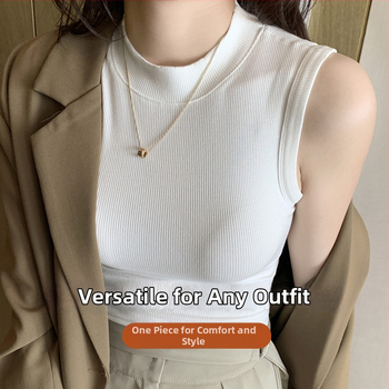 Moteriškas dryžuoto mezgimo be rankovių viršūnė su apvaliu kaklu - siauras siluetas, aukšta elastika, viskozės pluoštas 90–95%