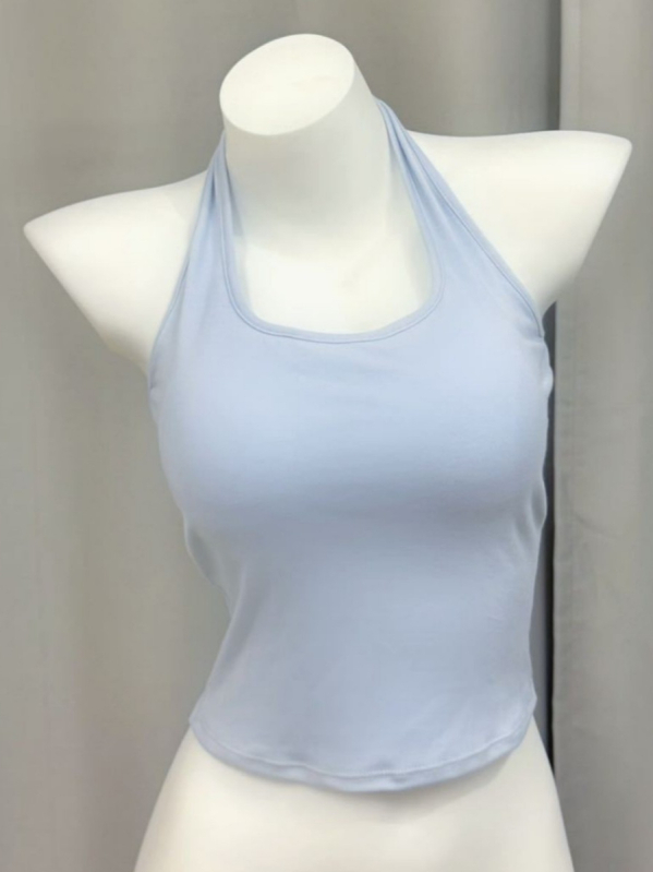 Moteriška halter kaklo camisole, siauras kirpimas, 95% medvilnė combed, vienalytė spalva, ilgis 50–65 cm, vasara 2025