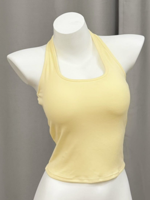 Moteriška halter kaklo camisole, siauras kirpimas, 95% medvilnė combed, vienalytė spalva, ilgis 50–65 cm, vasara 2025