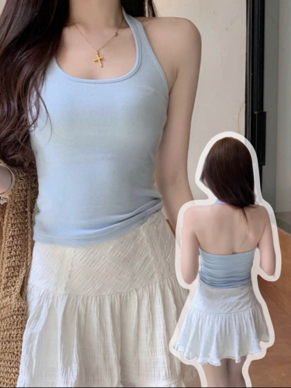 Moteriška halter kaklo camisole, siauras kirpimas, 95% medvilnė combed, vienalytė spalva, ilgis 50–65 cm, vasara 2025