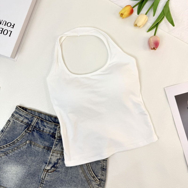Moteriška halter kaklo camisole, siauras kirpimas, 95% medvilnė combed, vienalytė spalva, ilgis 50–65 cm, vasara 2025