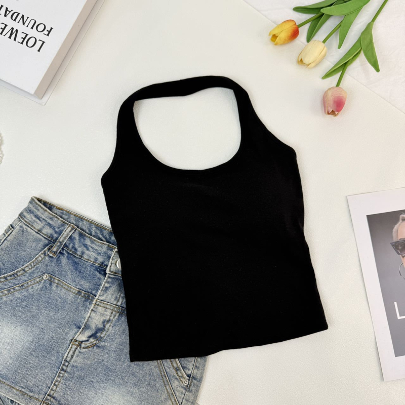 Moteriška halter kaklo camisole, siauras kirpimas, 95% medvilnė combed, vienalytė spalva, ilgis 50–65 cm, vasara 2025