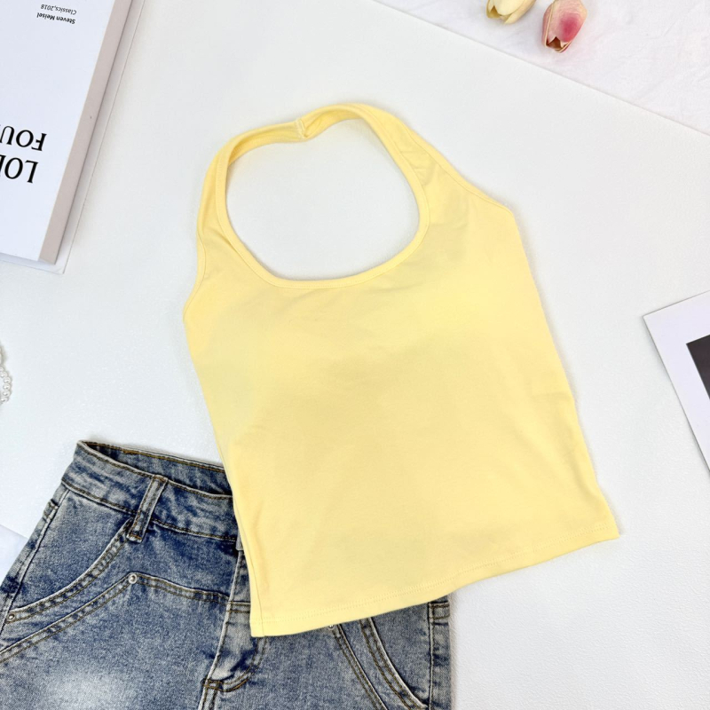 Moteriška halter kaklo camisole, siauras kirpimas, 95% medvilnė combed, vienalytė spalva, ilgis 50–65 cm, vasara 2025