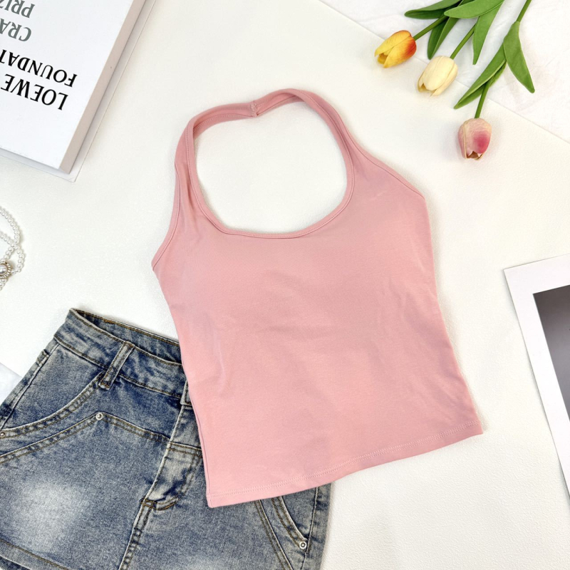 Moteriška halter kaklo camisole, siauras kirpimas, 95% medvilnė combed, vienalytė spalva, ilgis 50–65 cm, vasara 2025