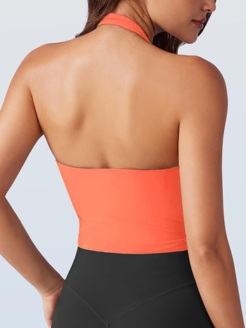Moteriški halterio kaklo sportinis viršus – siauras kirpimo, įmontuotos krūties pagalvėlės, drėgmės šalinimas, dvipusis aukšto elastingumo brokado audinys, 75% nailonas + 25% spandeksas, vasara 2025