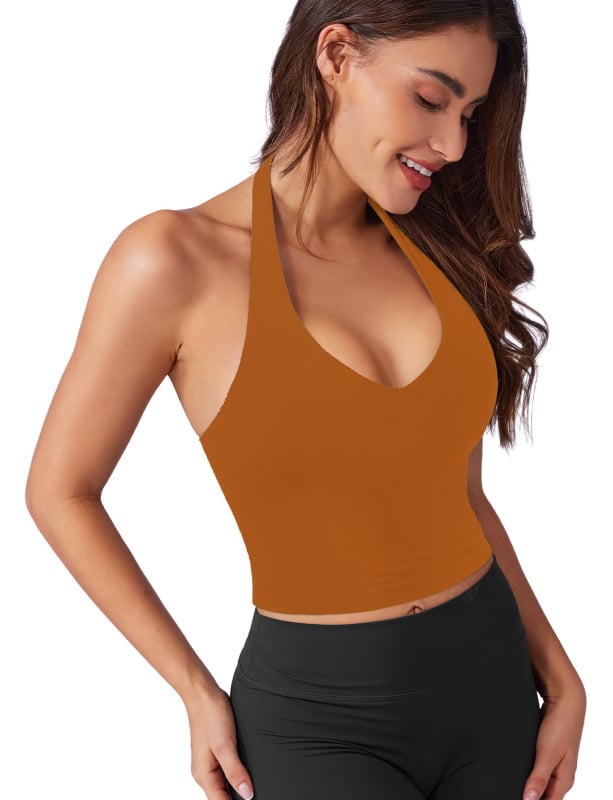 Moteriški halterio kaklo sportinis viršus – siauras kirpimo, įmontuotos krūties pagalvėlės, drėgmės šalinimas, dvipusis aukšto elastingumo brokado audinys, 75% nailonas + 25% spandeksas, vasara 2025