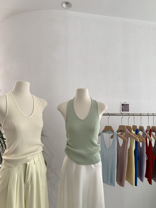 Moteriškas halterio kaklo be rankovių megztas topas su V iškirpte, Korėjos retro stilius, siaura kirpimo, Ice Silk viskozinis audinys, 30–50% viskozės, ilgis 50–65 cm, Vasaros 2025