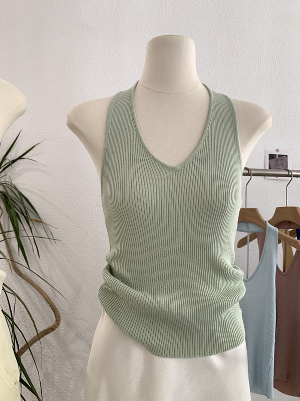 Moteriškas halterio kaklo be rankovių megztas topas su V iškirpte, Korėjos retro stilius, siaura kirpimo, Ice Silk viskozinis audinys, 30–50% viskozės, ilgis 50–65 cm, Vasaros 2025