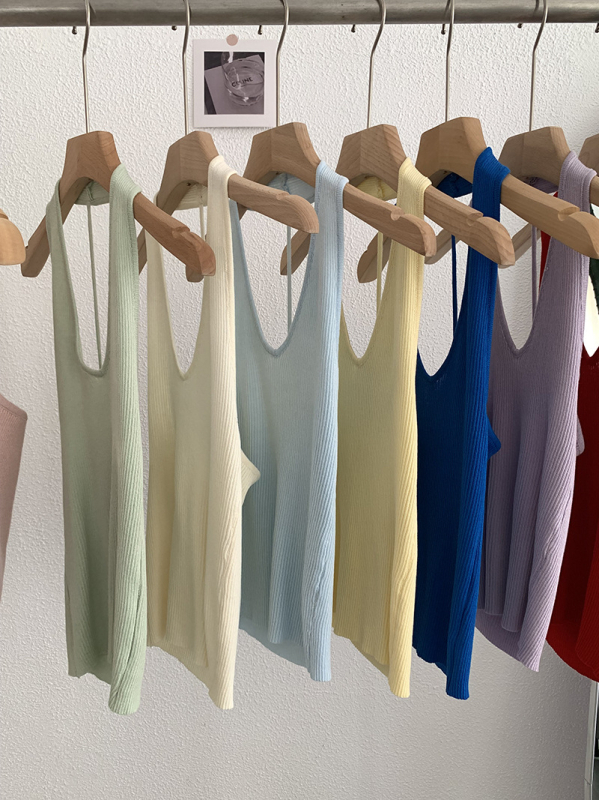 Moteriškas halterio kaklo be rankovių megztas topas su V iškirpte, Korėjos retro stilius, siaura kirpimo, Ice Silk viskozinis audinys, 30–50% viskozės, ilgis 50–65 cm, Vasaros 2025