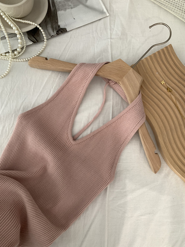 Moteriškas halterio kaklo be rankovių megztas topas su V iškirpte, Korėjos retro stilius, siaura kirpimo, Ice Silk viskozinis audinys, 30–50% viskozės, ilgis 50–65 cm, Vasaros 2025