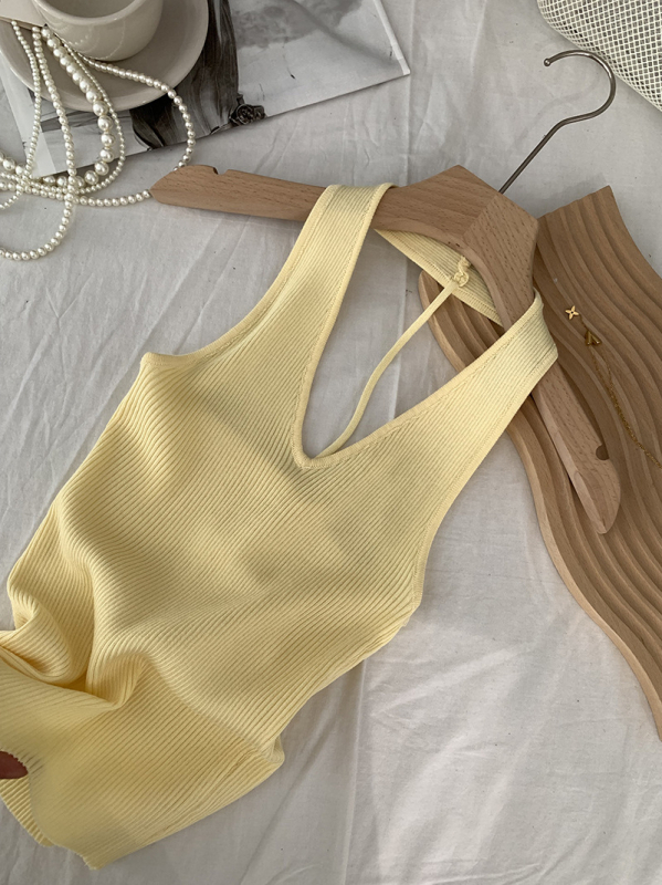 Moteriškas halterio kaklo be rankovių megztas topas su V iškirpte, Korėjos retro stilius, siaura kirpimo, Ice Silk viskozinis audinys, 30–50% viskozės, ilgis 50–65 cm, Vasaros 2025