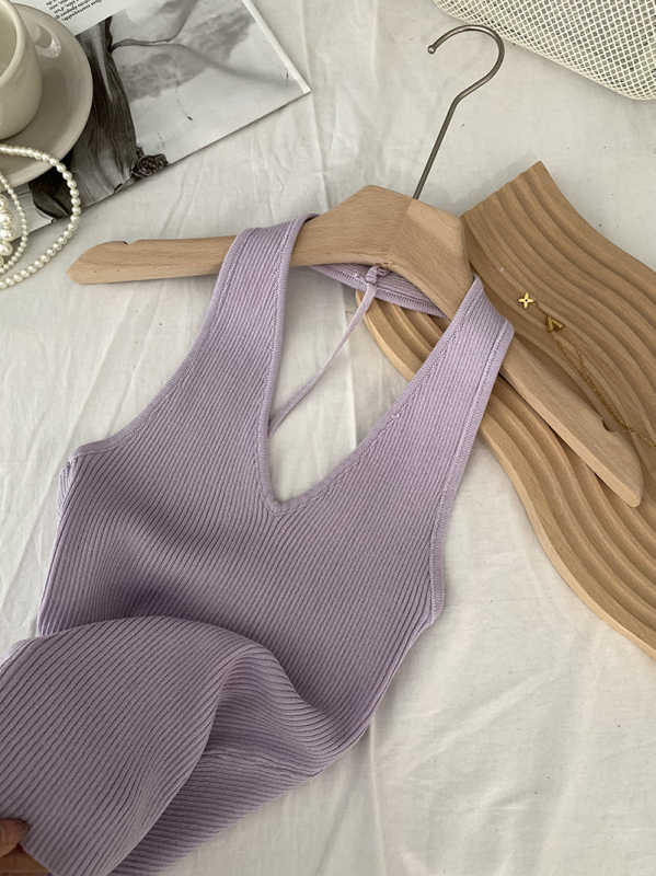 Moteriškas halterio kaklo be rankovių megztas topas su V iškirpte, Korėjos retro stilius, siaura kirpimo, Ice Silk viskozinis audinys, 30–50% viskozės, ilgis 50–65 cm, Vasaros 2025