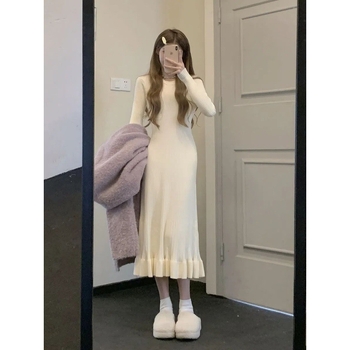 Бременна рокля от плетиво, кръгла яка, дълги ръкави, средна дължина, А-линия, вискоза 95%+