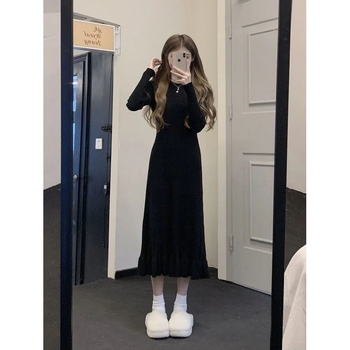 Бременна рокля от плетиво, кръгла яка, дълги ръкави, средна дължина, А-линия, вискоза 95%+