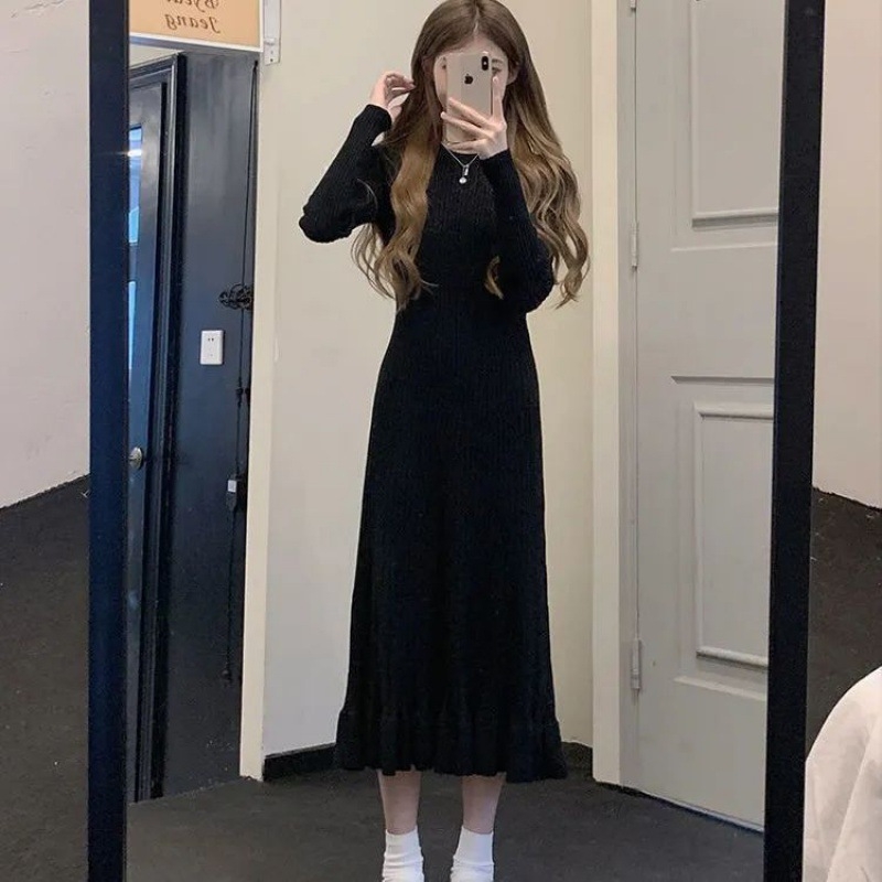 Бременна рокля от плетиво, кръгла яка, дълги ръкави, средна дължина, А-линия, вискоза 95%+