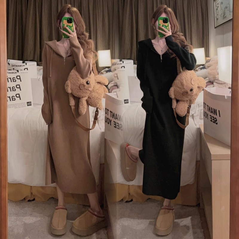 Майчинска рокля с качулка, плетена, дълги ръкави, силует русалка