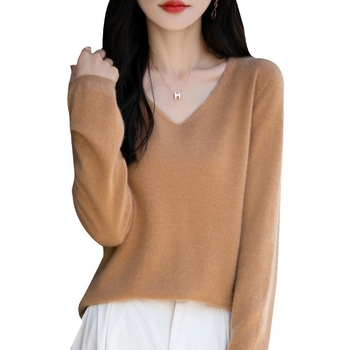 Moteriškas vilnos megztinis 95%+, V formos kaklo, laisvas kirpimas, ilgos rankovės, ilgis 50–65 cm