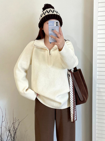 Плюс размер дамски пуловер с качулка и лацкена яка, дълги ръкави, полиестер-акрилно плетиво, Зимна колекция 2025