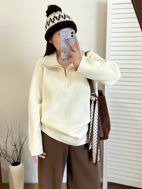 Плюс размер дамски пуловер с качулка и лацкена яка, дълги ръкави, полиестер-акрилно плетиво, Зимна колекция 2025