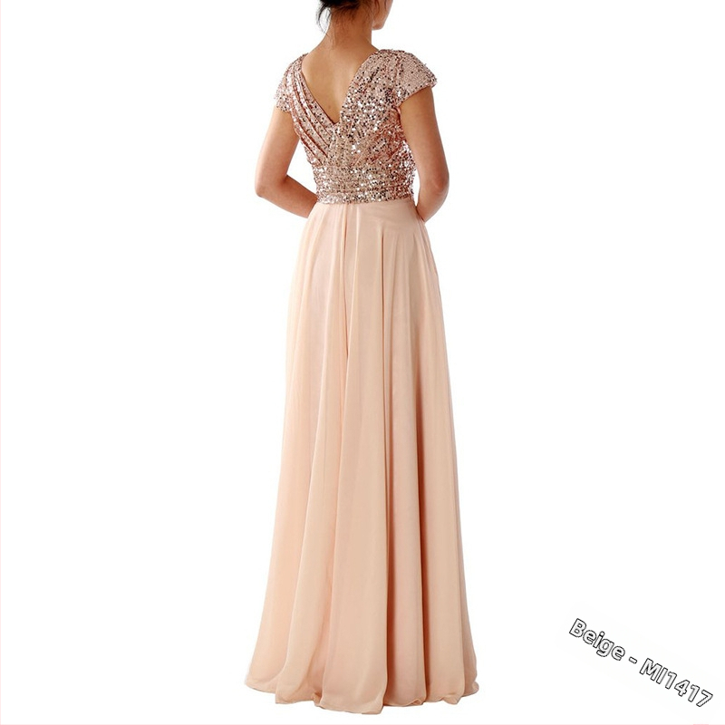 Pikk õhtukleit šifoonist, V-kaelus, pailettidega, A-kõvera siluett, kõrge talje