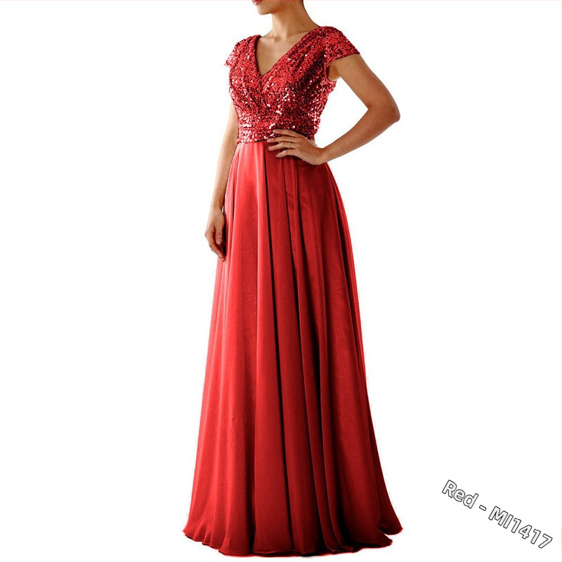 Pikk õhtukleit šifoonist, V-kaelus, pailettidega, A-kõvera siluett, kõrge talje