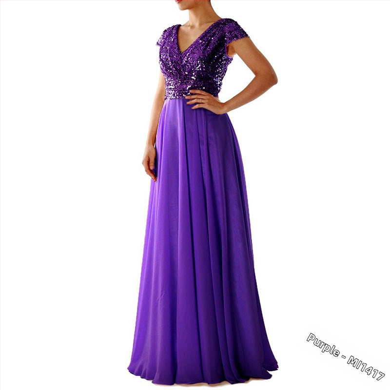 Pikk õhtukleit šifoonist, V-kaelus, pailettidega, A-kõvera siluett, kõrge talje