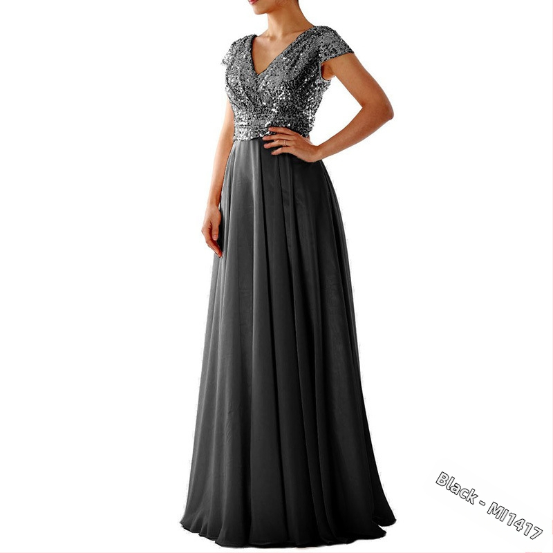 Pikk õhtukleit šifoonist, V-kaelus, pailettidega, A-kõvera siluett, kõrge talje