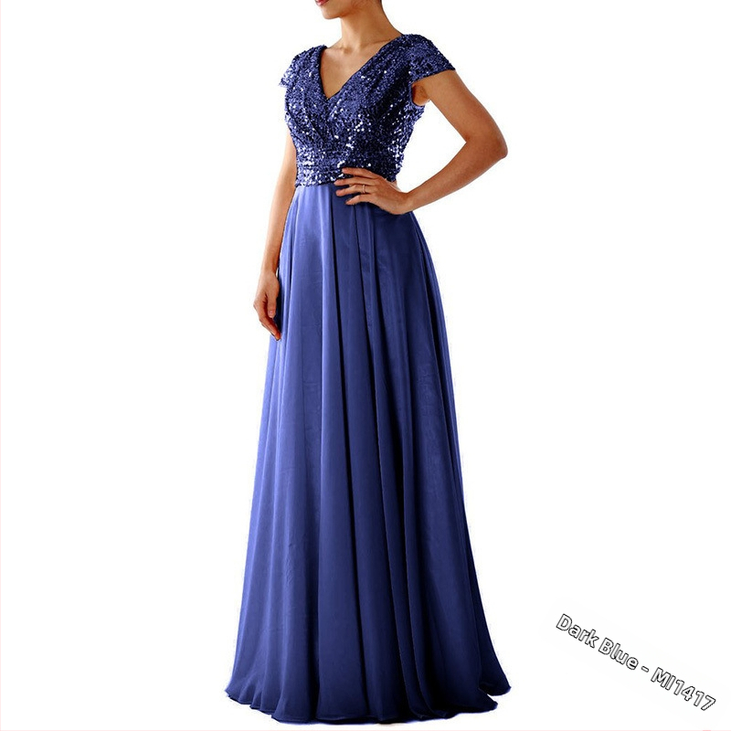 Pikk õhtukleit šifoonist, V-kaelus, pailettidega, A-kõvera siluett, kõrge talje