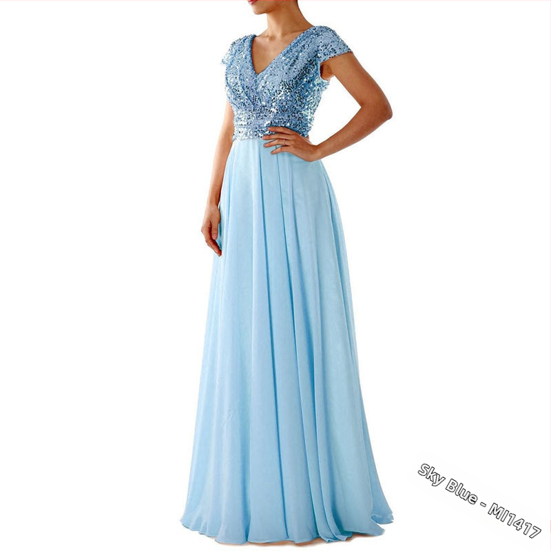 Pikk õhtukleit šifoonist, V-kaelus, pailettidega, A-kõvera siluett, kõrge talje