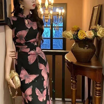Cheongsam haljina s printom leptira, vintage stil, midi duljina, kratkih rukava, kineski ovratnik (poliester; otisak; kineski ovratnik; kratki rukavi; midi duljina)