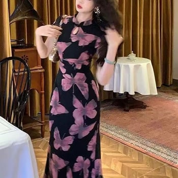 Cheongsam haljina s printom leptira, vintage stil, midi duljina, kratkih rukava, kineski ovratnik (poliester; otisak; kineski ovratnik; kratki rukavi; midi duljina)