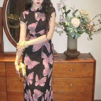 Cheongsam haljina s printom leptira, vintage stil, midi duljina, kratkih rukava, kineski ovratnik (poliester; otisak; kineski ovratnik; kratki rukavi; midi duljina)