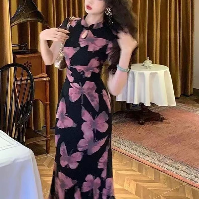 Cheongsam haljina s printom leptira, vintage stil, midi duljina, kratkih rukava, kineski ovratnik (poliester; otisak; kineski ovratnik; kratki rukavi; midi duljina)
