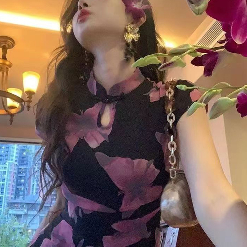 Cheongsam haljina s printom leptira, vintage stil, midi duljina, kratkih rukava, kineski ovratnik (poliester; otisak; kineski ovratnik; kratki rukavi; midi duljina)