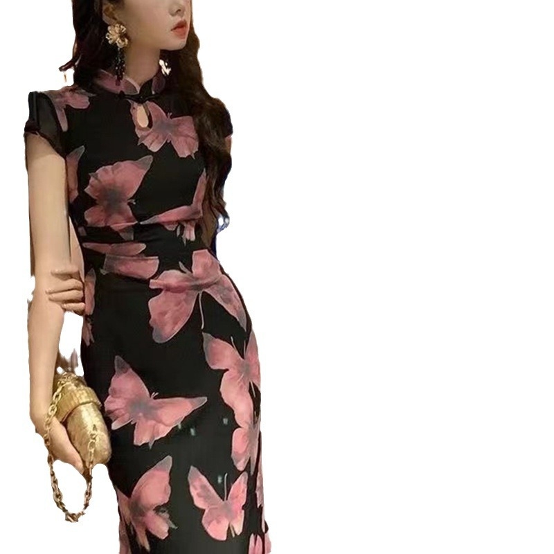 Cheongsam haljina s printom leptira, vintage stil, midi duljina, kratkih rukava, kineski ovratnik (poliester; otisak; kineski ovratnik; kratki rukavi; midi duljina)