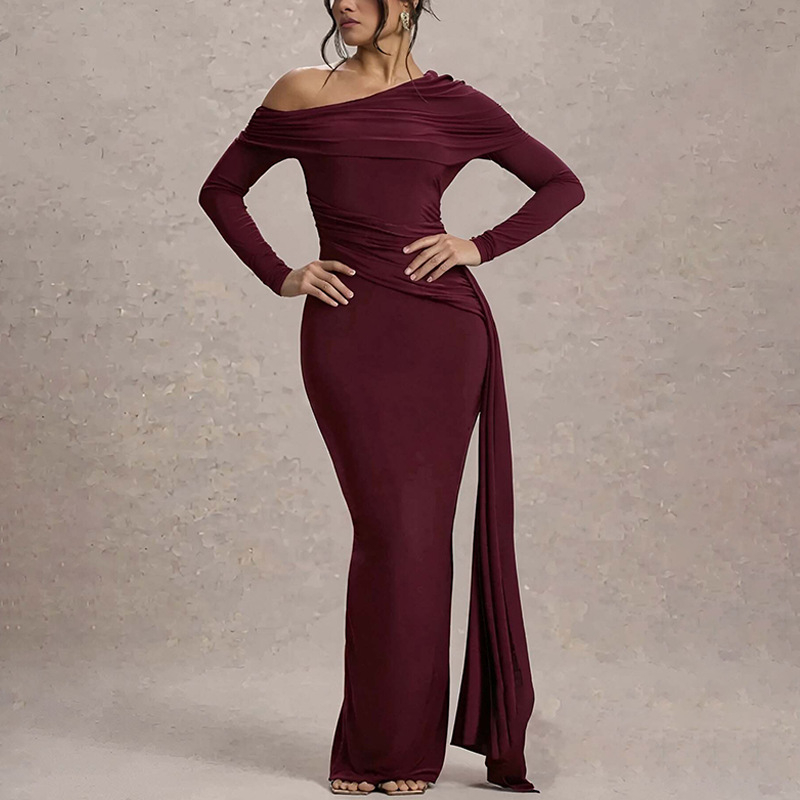 Полиестерна рокля с дълги ръкави, дълга рокля, А-линия силует