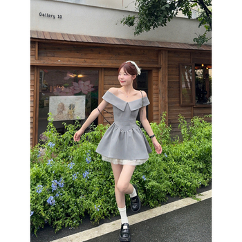 Naistele mõeldud ühe õla kleit, kõrge talje, polüester koos võrgupaneelidega, lühikesed varrukad, printsessi stiil.