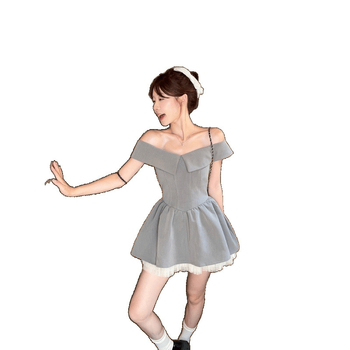 Naistele mõeldud ühe õla kleit, kõrge talje, polüester koos võrgupaneelidega, lühikesed varrukad, printsessi stiil.