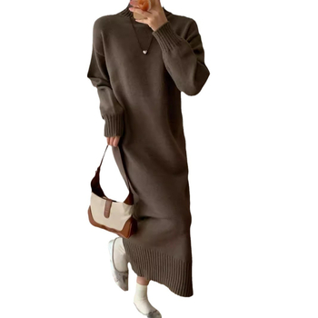 Haljina s visokim ovratnikom od pletenog pulovera i duga suknja, labav struk, dugi rukavi, poliester-elastan pleteni materijal, jesen 2024