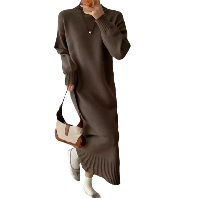 Haljina s visokim ovratnikom od pletenog pulovera i duga suknja, labav struk, dugi rukavi, poliester-elastan pleteni materijal, jesen 2024