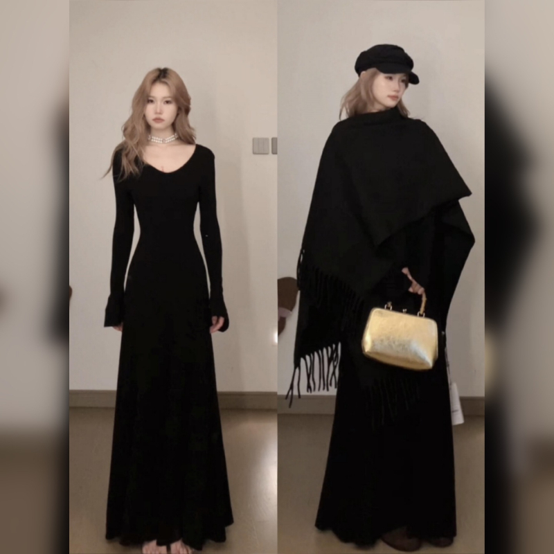 Sügisel-talvel kootud kleit V-kaelusega, A-liinis pikk kleit, elastne vöökoht, viskoosi–poliesteri kudum