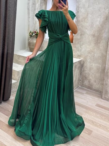 Дамска дълга вечерна рокля от шифон с кръгло деколте, къси ръкави и плисирана A‑линия