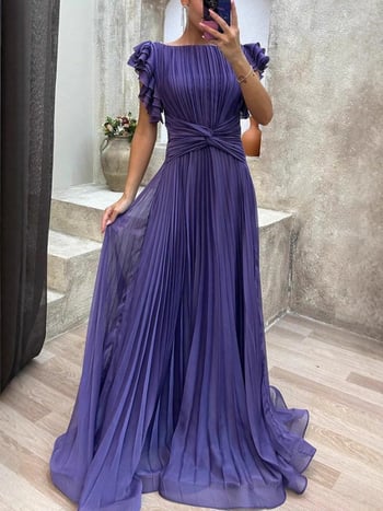 Дамска дълга вечерна рокля от шифон с кръгло деколте, къси ръкави и плисирана A‑линия