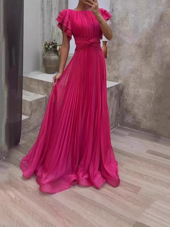 Дамска дълга вечерна рокля от шифон с кръгло деколте, къси ръкави и плисирана A‑линия