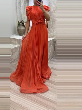 Дамска дълга вечерна рокля от шифон с кръгло деколте, къси ръкави и плисирана A‑линия