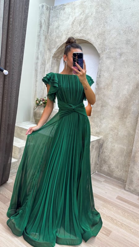 Дамска дълга вечерна рокля от шифон с кръгло деколте, къси ръкави и плисирана A‑линия