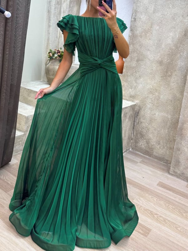 Дамска дълга вечерна рокля от шифон с кръгло деколте, къси ръкави и плисирана A‑линия